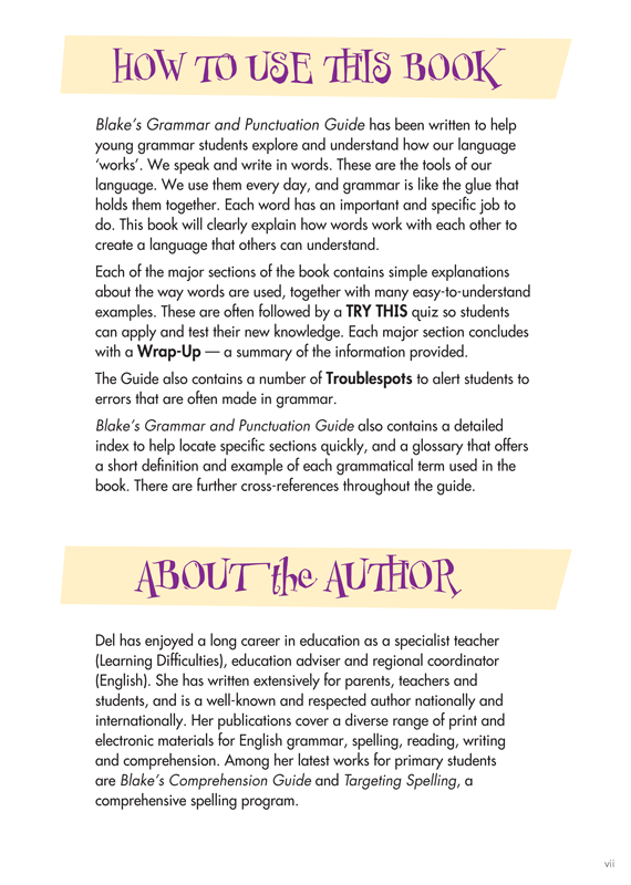 Sample interior page from Blake's Grammar and Punctuation Guide Lower Primary showing explanations and worked examples in colour