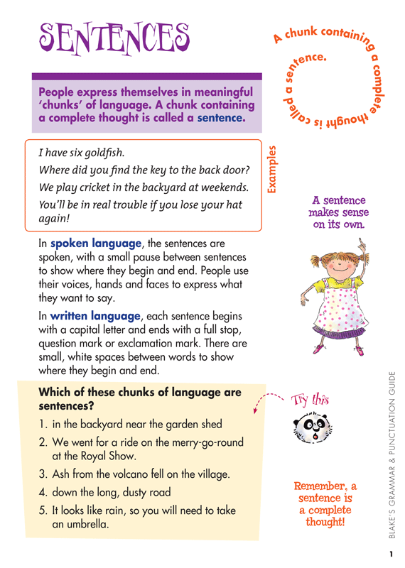 Sample interior page from Blake's Grammar and Punctuation Guide Lower Primary showing explanations and worked examples in colour
