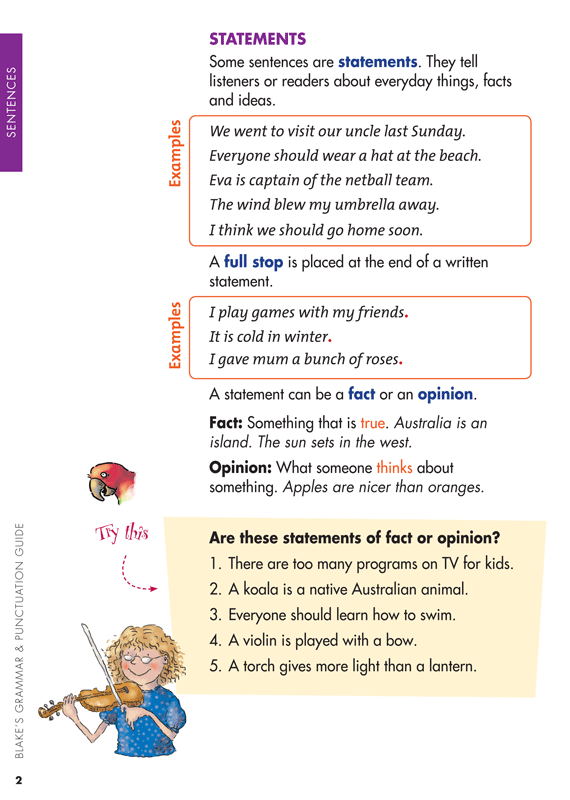 Sample interior page from Blake's Grammar and Punctuation Guide Lower Primary showing explanations and worked examples in colour