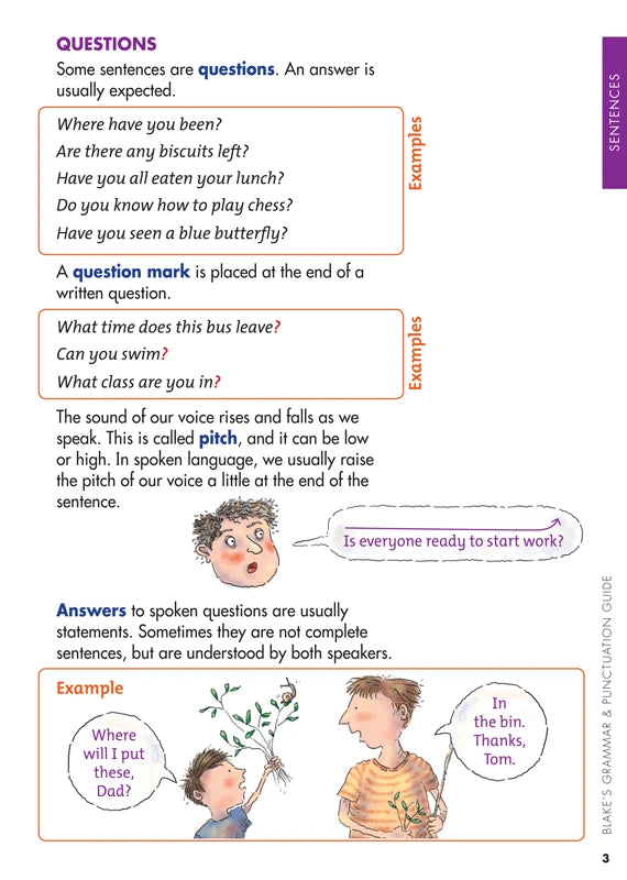 Sample interior page from Blake's Grammar and Punctuation Guide Lower Primary showing explanations and worked examples in colour
