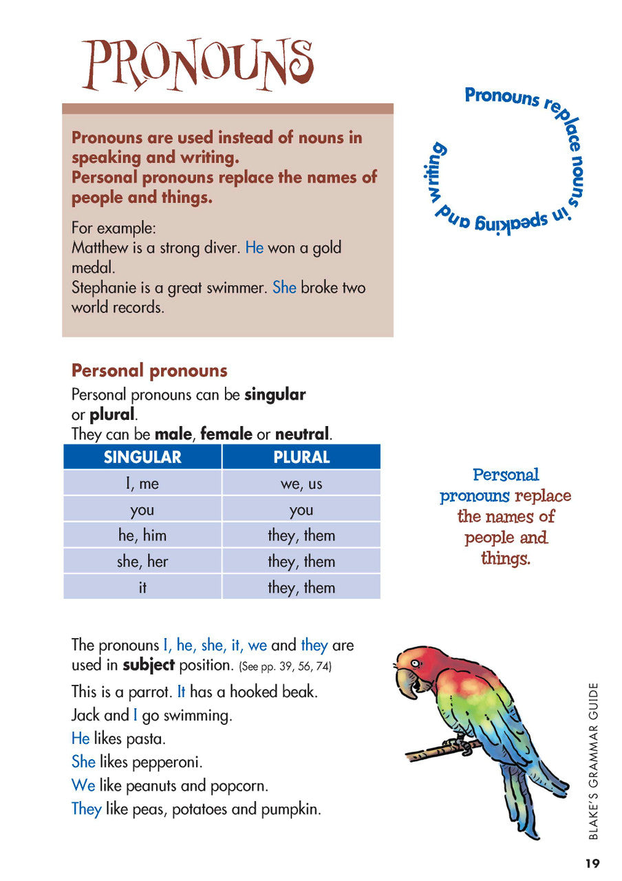 Sample interior page from Blake's Grammar Guide showing explanations and worked examples in colour