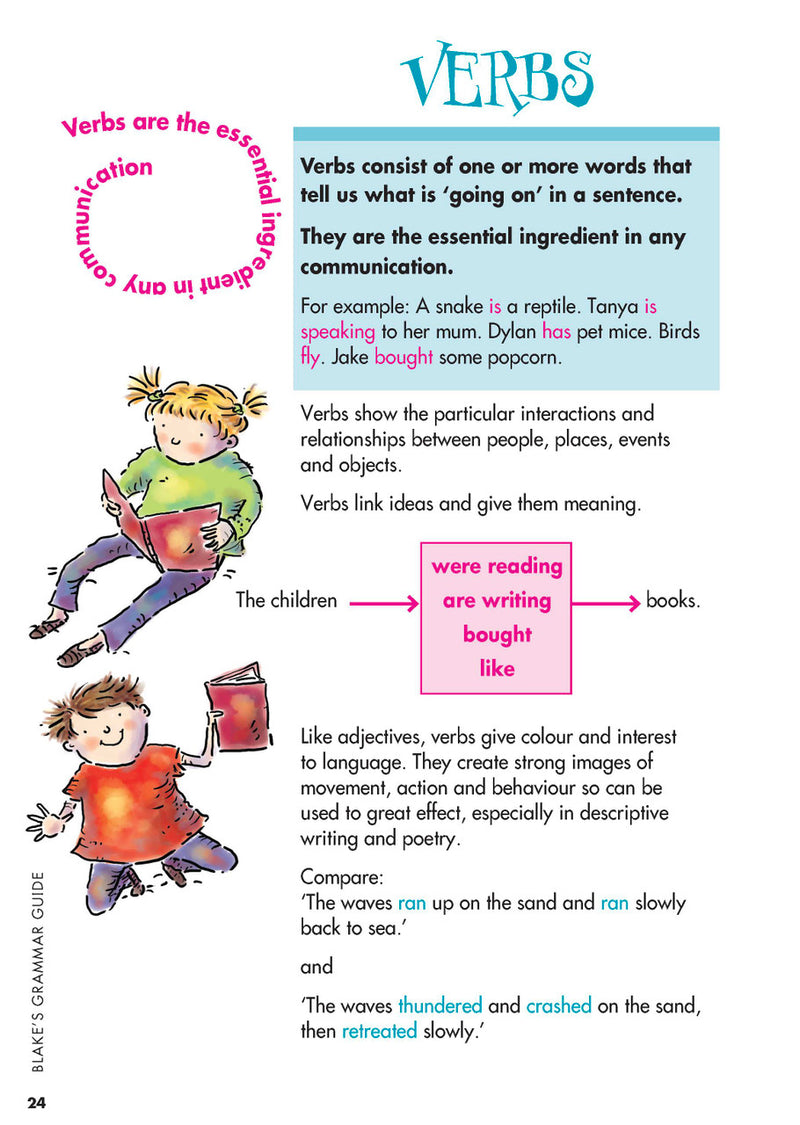 Sample interior page from Blake's Grammar Guide showing explanations and worked examples in colour
