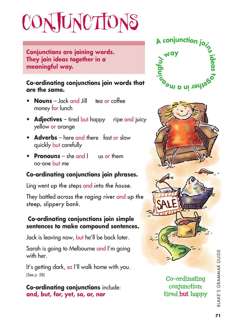 Sample interior page from Blake's Grammar Guide showing explanations and worked examples in colour