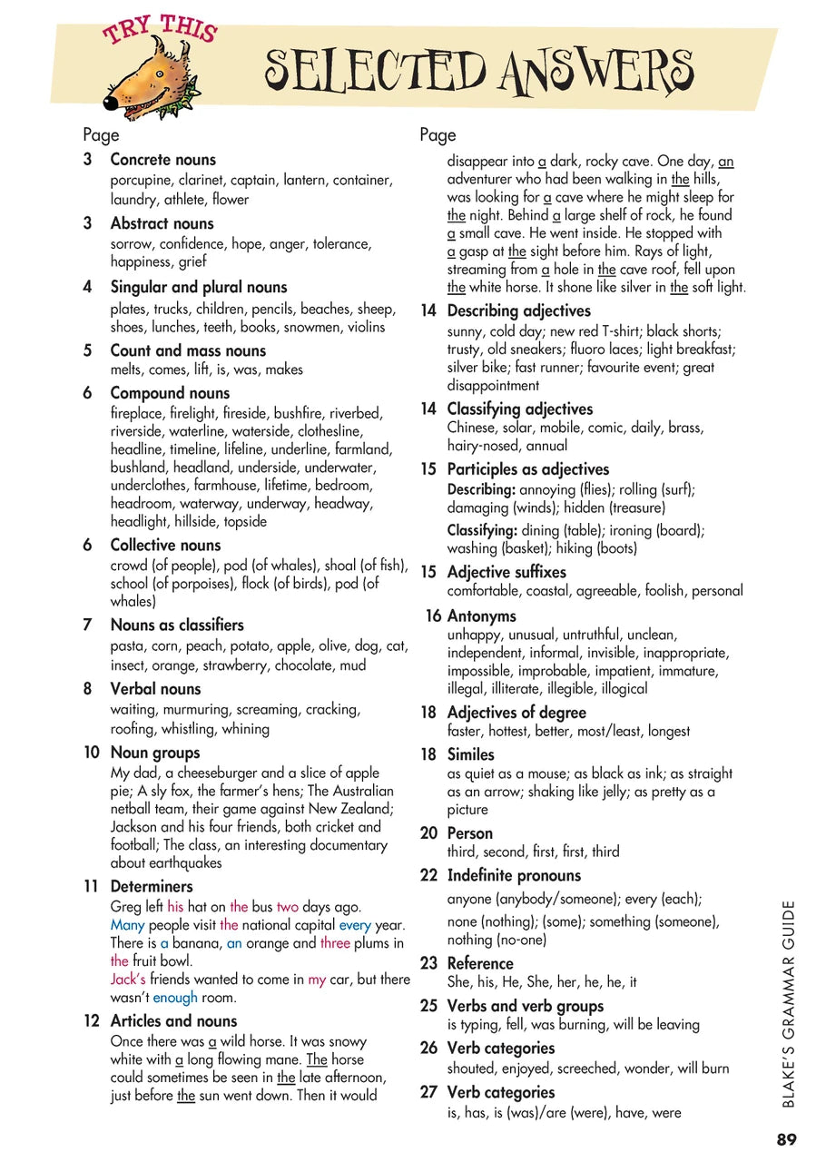 Sample interior page from Blake's Grammar Guide showing explanations and worked examples in colour