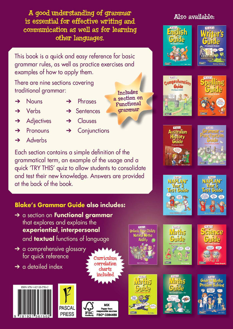 Back cover of Blake's Grammar Guide showing the series branding and a summary of the book's contents