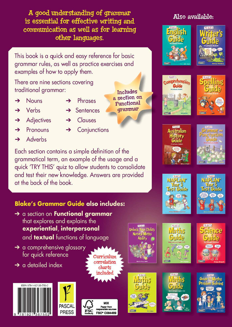 Back cover of Blake's Grammar Guide showing the series branding and a summary of the book's contents