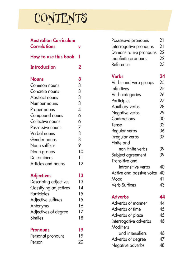 Sample interior page from Blake's Grammar Guide showing explanations and worked examples in colour