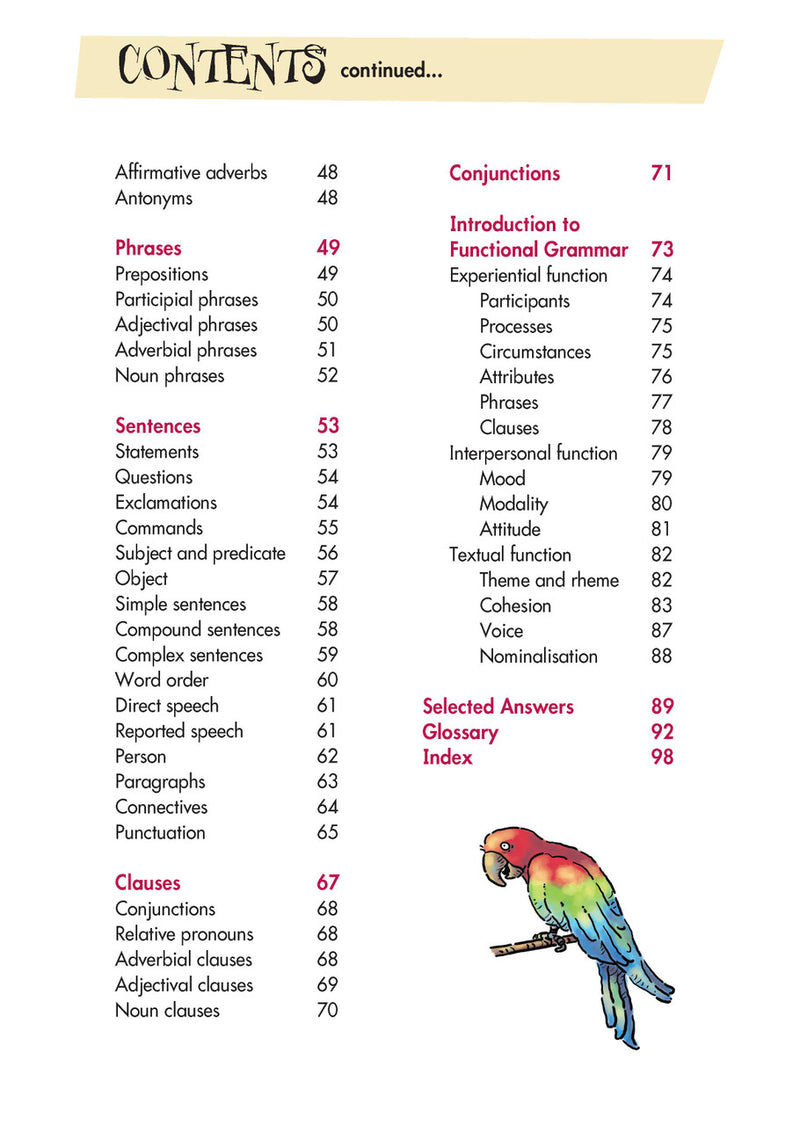 Sample interior page from Blake's Grammar Guide showing explanations and worked examples in colour