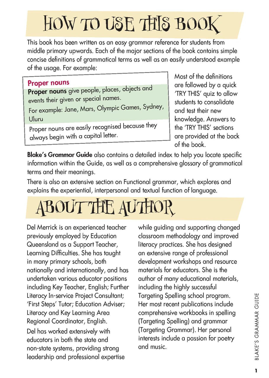 Sample interior page from Blake's Grammar Guide showing explanations and worked examples in colour