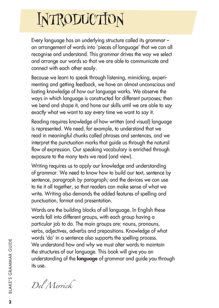 Sample interior page from Blake's Grammar Guide showing explanations and worked examples in colour