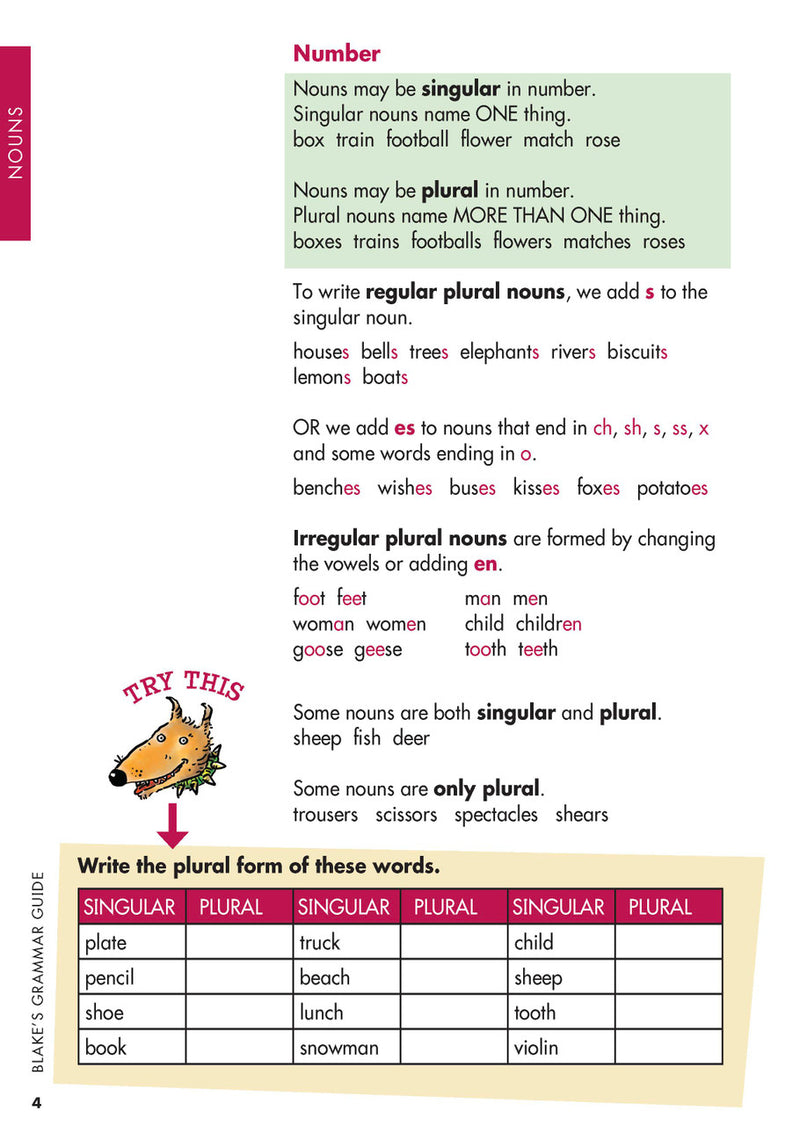 Sample interior page from Blake's Grammar Guide showing explanations and worked examples in colour