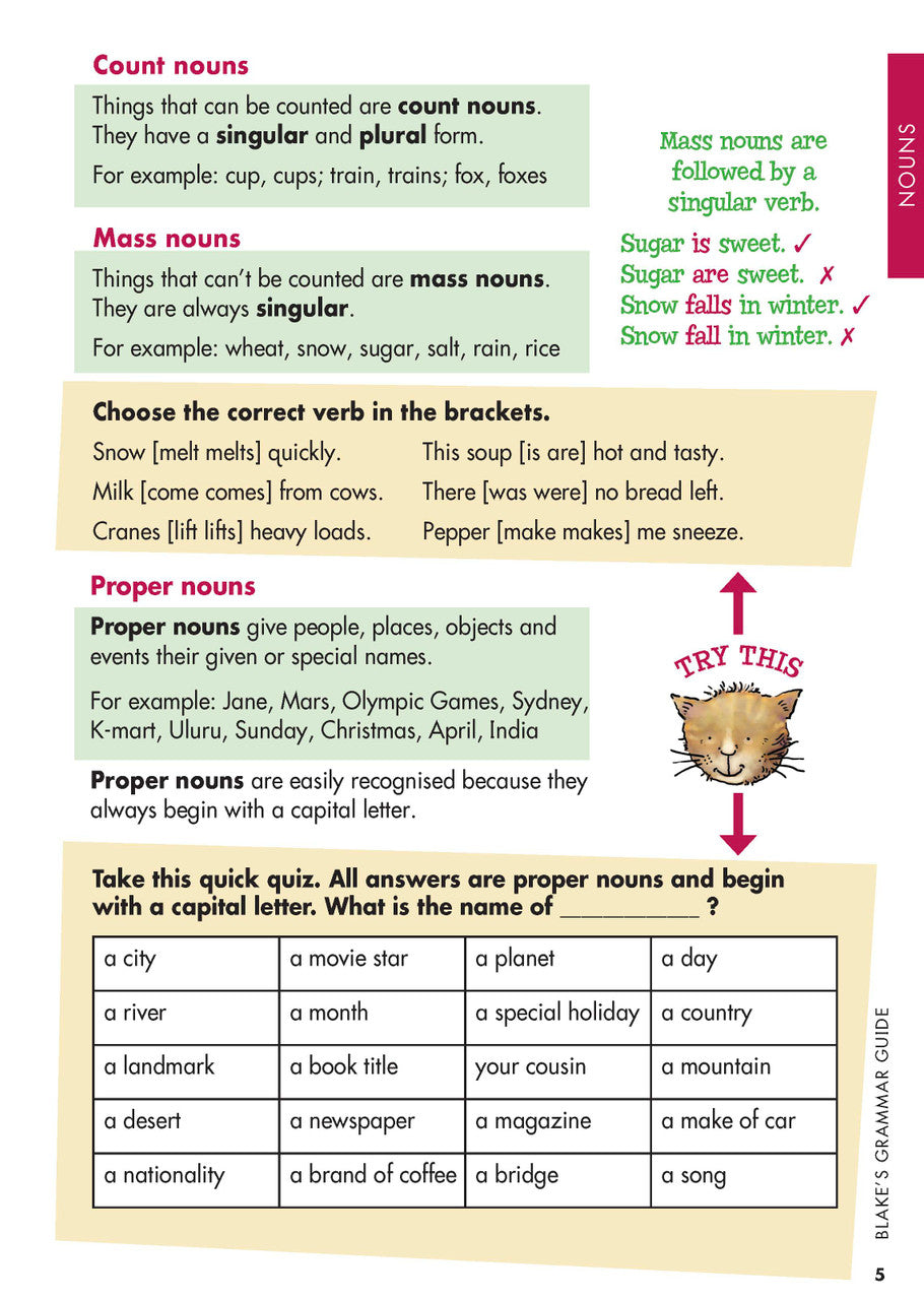 Sample interior page from Blake's Grammar Guide showing explanations and worked examples in colour
