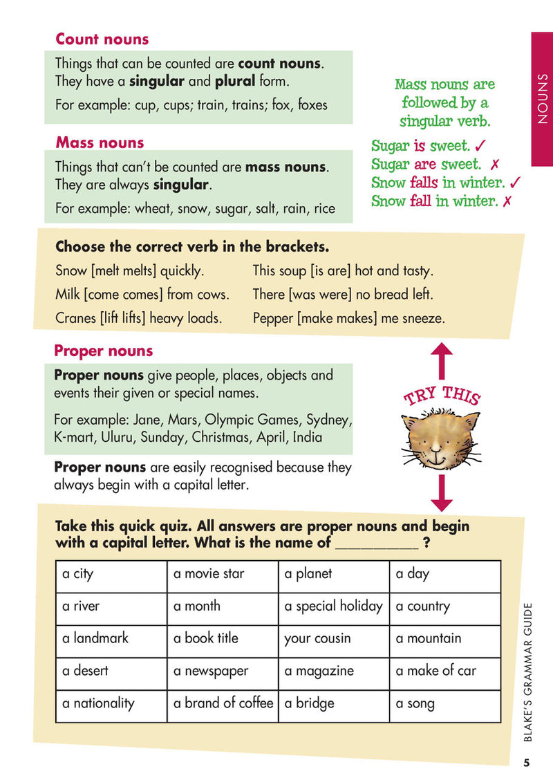 Sample interior page from Blake's Grammar Guide showing explanations and worked examples in colour