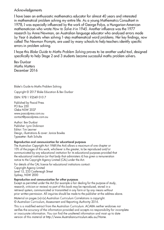 Imprint and title page from Blake's Guide to Maths Problem Solving showing the publication details for the guide