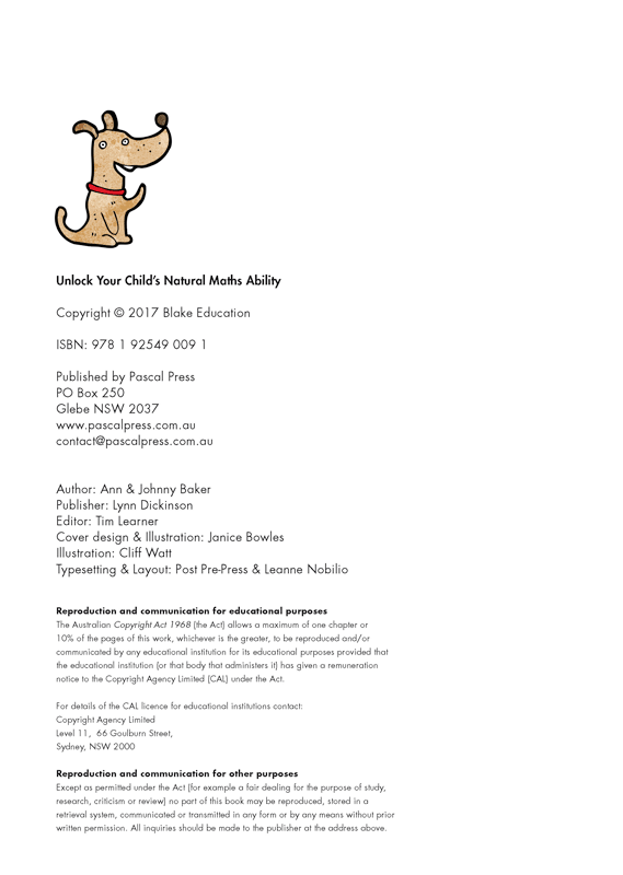 Imprint and title page from Blake's Guide to Unlock Your Child's Natural Maths Ability showing the publication details for the guide