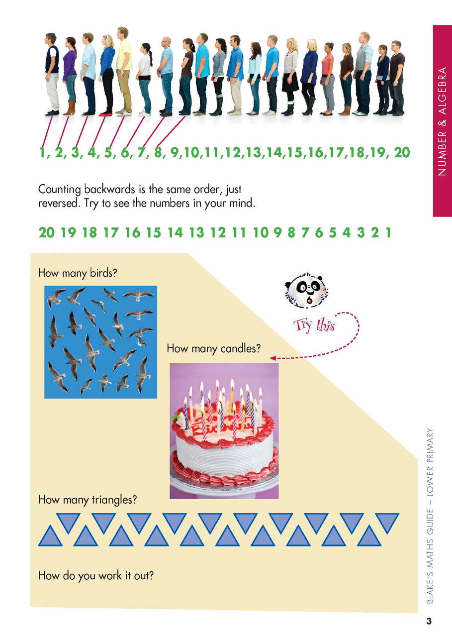 Sample interior page from Blake's Maths Guide Lower Primary showing explanations and worked examples in colour