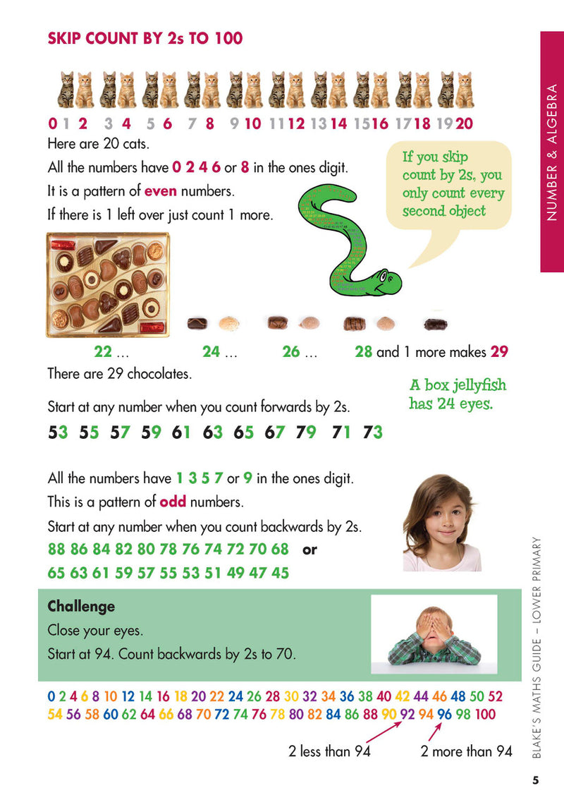 Sample interior page from Blake's Maths Guide Lower Primary showing explanations and worked examples in colour