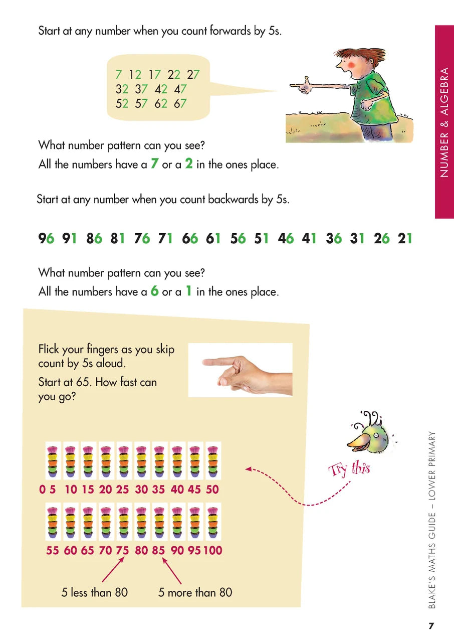 Sample interior page from Blake's Maths Guide Lower Primary showing explanations and worked examples in colour