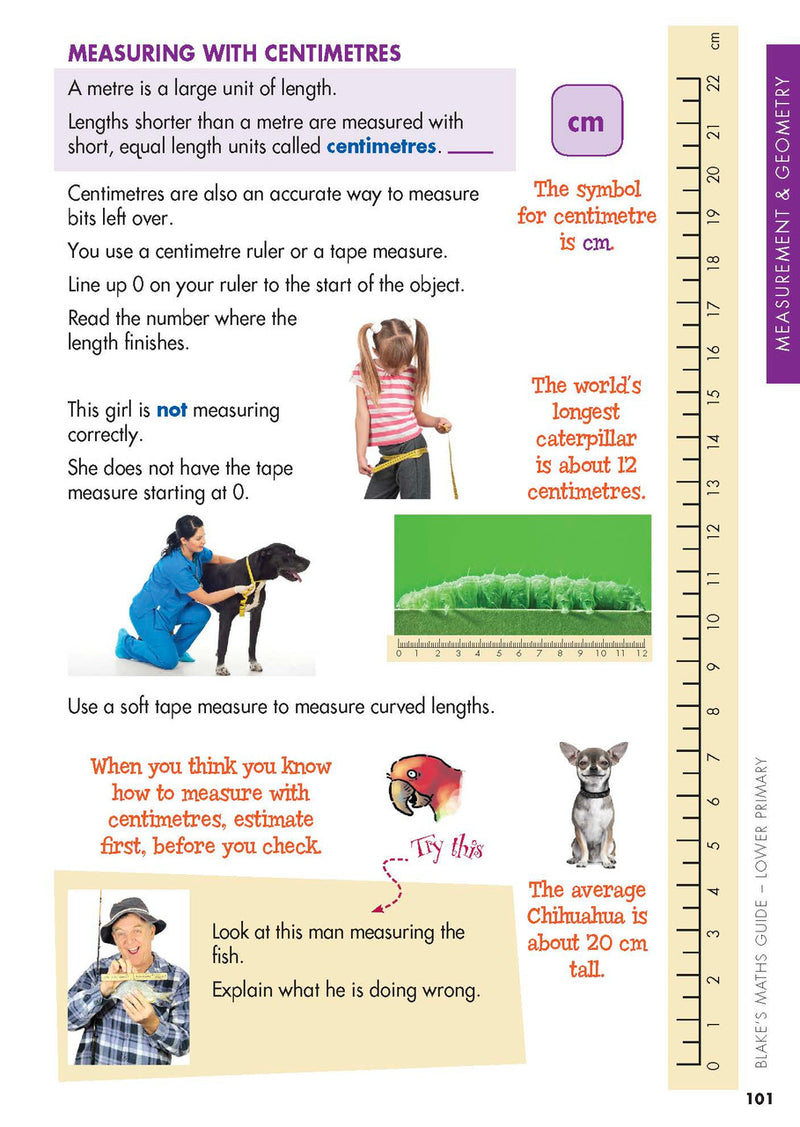 Sample interior page from Blake's Maths Guide Lower Primary showing explanations and worked examples in colour