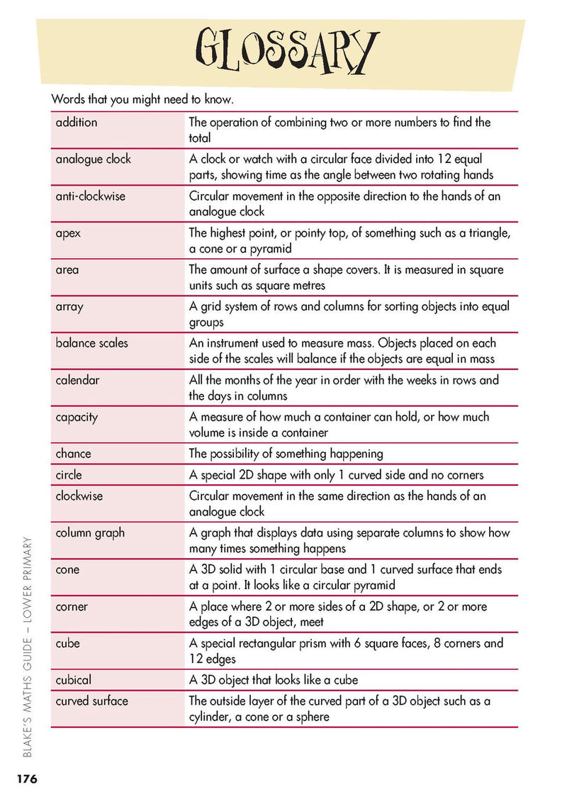 Sample interior page from Blake's Maths Guide Lower Primary showing explanations and worked examples in colour
