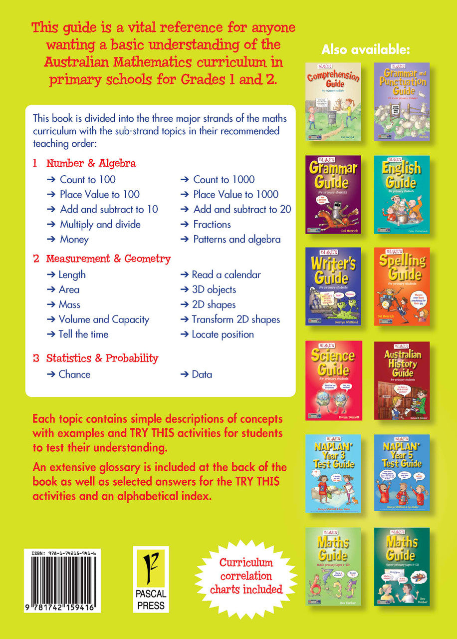 Back cover of Blake's Maths Guide Lower Primary showing the series branding and a summary of the book's contents