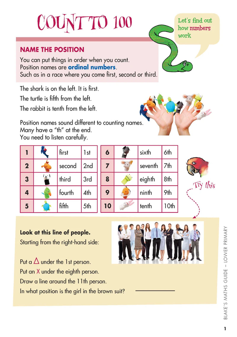Sample interior page from Blake's Maths Guide Lower Primary showing explanations and worked examples in colour