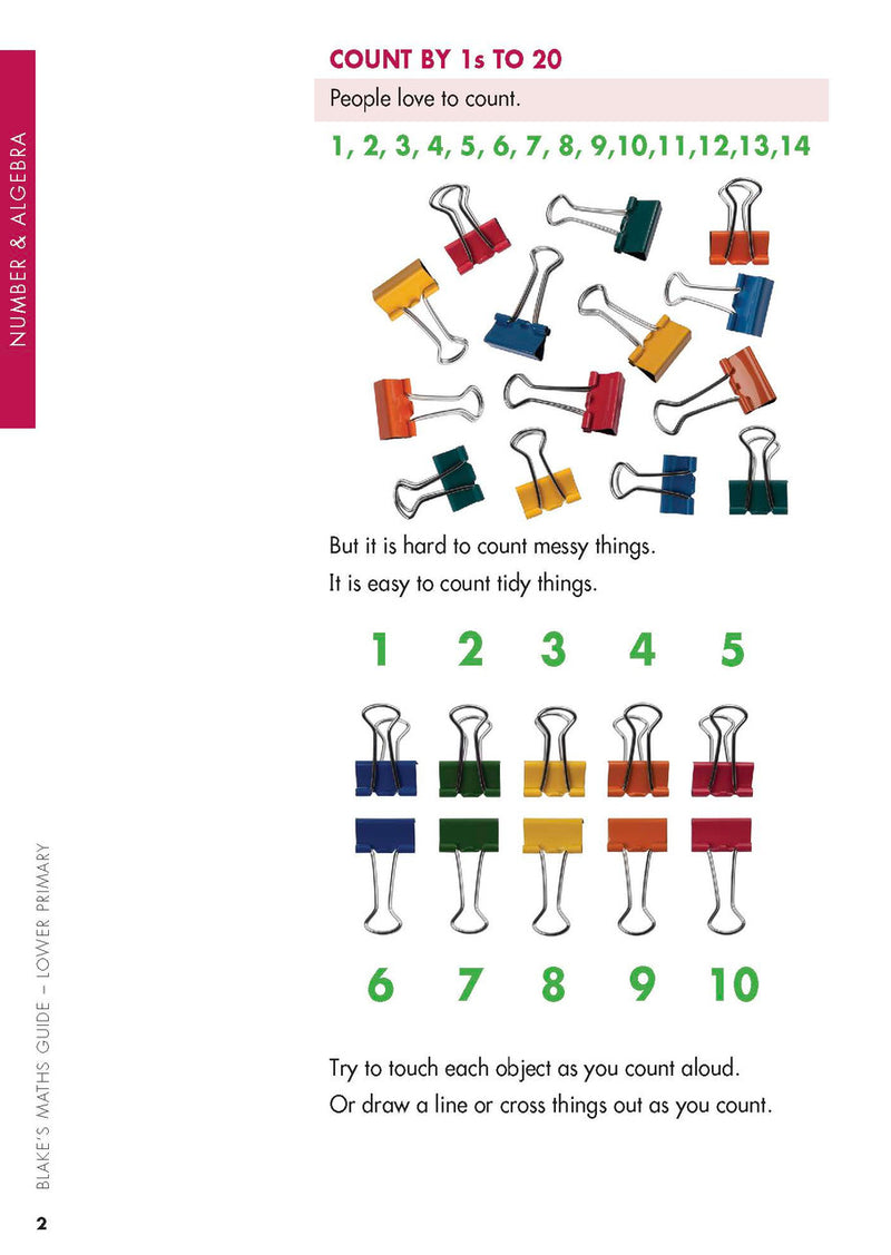 Sample interior page from Blake's Maths Guide Lower Primary showing explanations and worked examples in colour