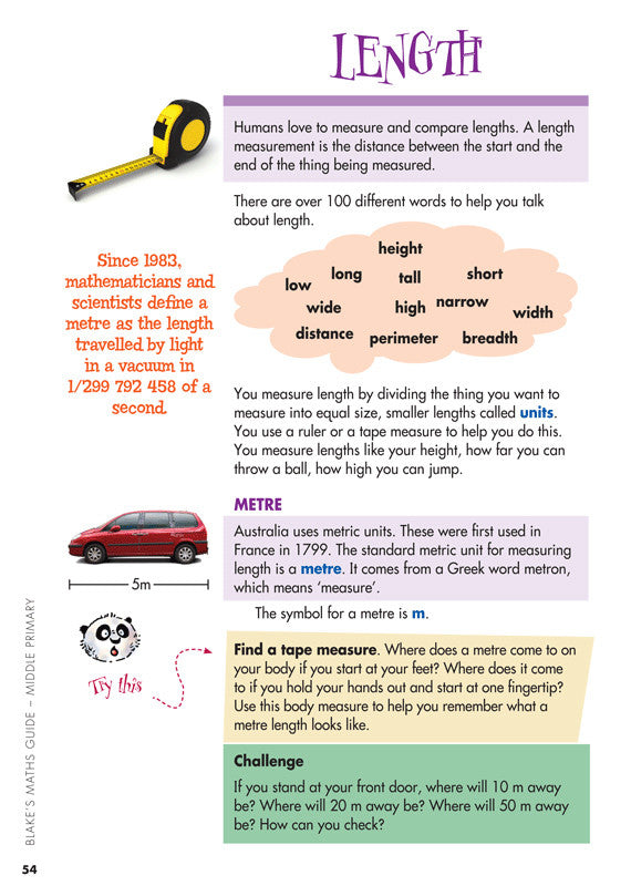 Sample interior page from Blake's Maths Guide Middle Primary showing explanations and worked examples in colour