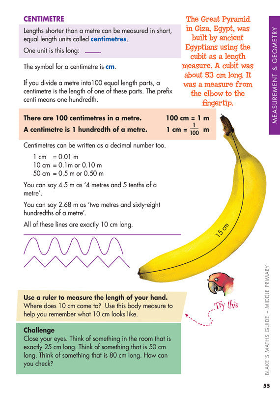 Sample interior page from Blake's Maths Guide Middle Primary showing explanations and worked examples in colour