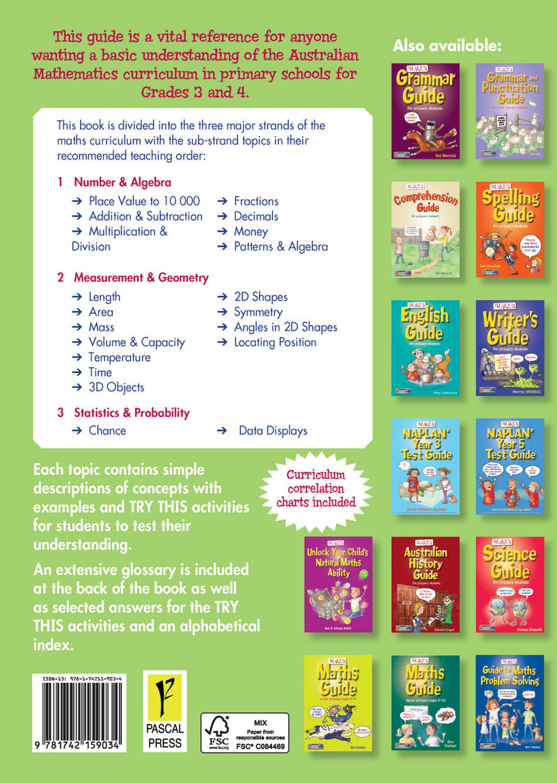 Back cover of Blake's Maths Guide Middle Primary showing the series branding and a summary of the book's contents