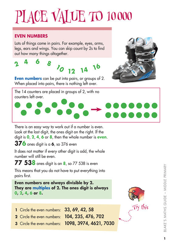 Sample interior page from Blake's Maths Guide Middle Primary showing explanations and worked examples in colour