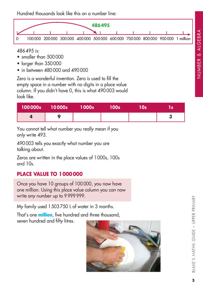Sample interior page from Blake's Maths Guide Upper Primary showing explanations and worked examples in colour