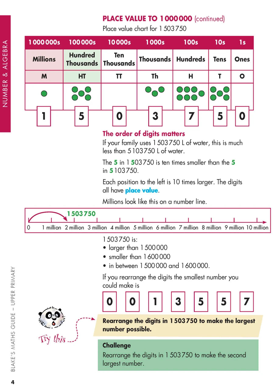 Sample interior page from Blake's Maths Guide Upper Primary showing explanations and worked examples in colour
