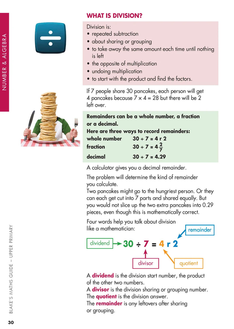 Sample interior page from Blake's Maths Guide Upper Primary showing explanations and worked examples in colour