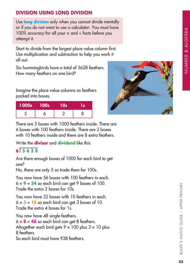 Sample interior page from Blake's Maths Guide Upper Primary showing explanations and worked examples in colour