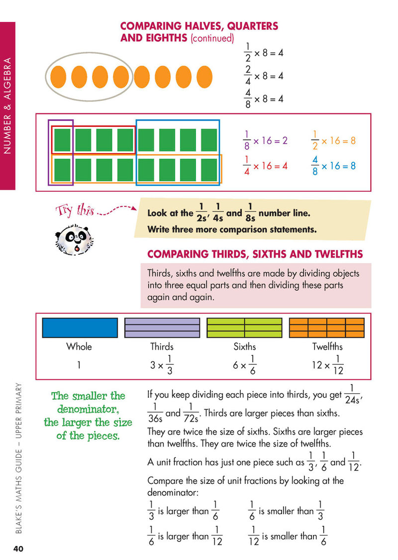 Sample interior page from Blake's Maths Guide Upper Primary showing explanations and worked examples in colour