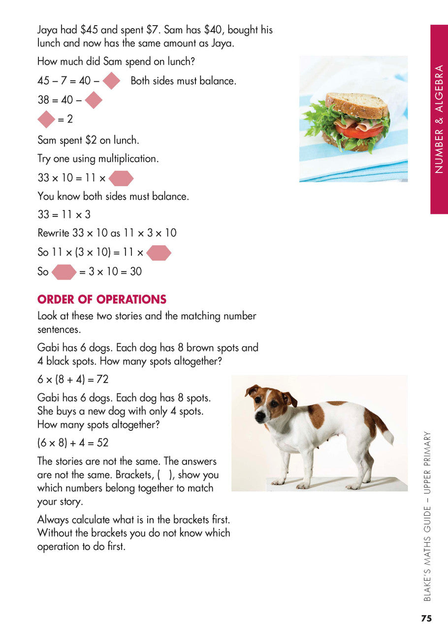 Sample interior page from Blake's Maths Guide Upper Primary showing explanations and worked examples in colour