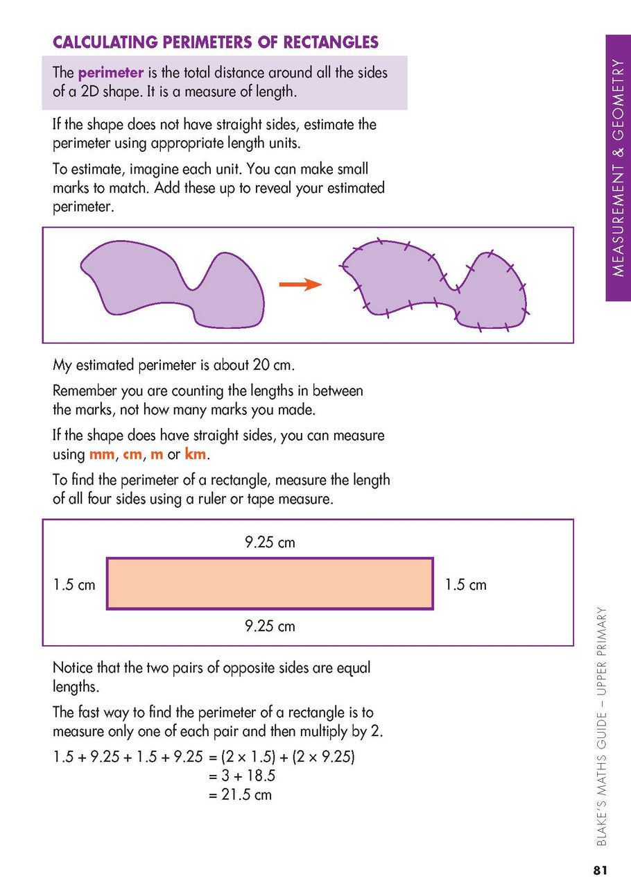 Sample interior page from Blake's Maths Guide Upper Primary showing explanations and worked examples in colour