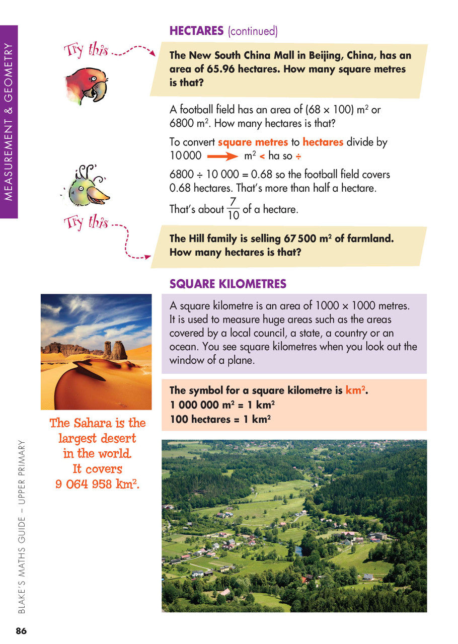 Sample interior page from Blake's Maths Guide Upper Primary showing explanations and worked examples in colour