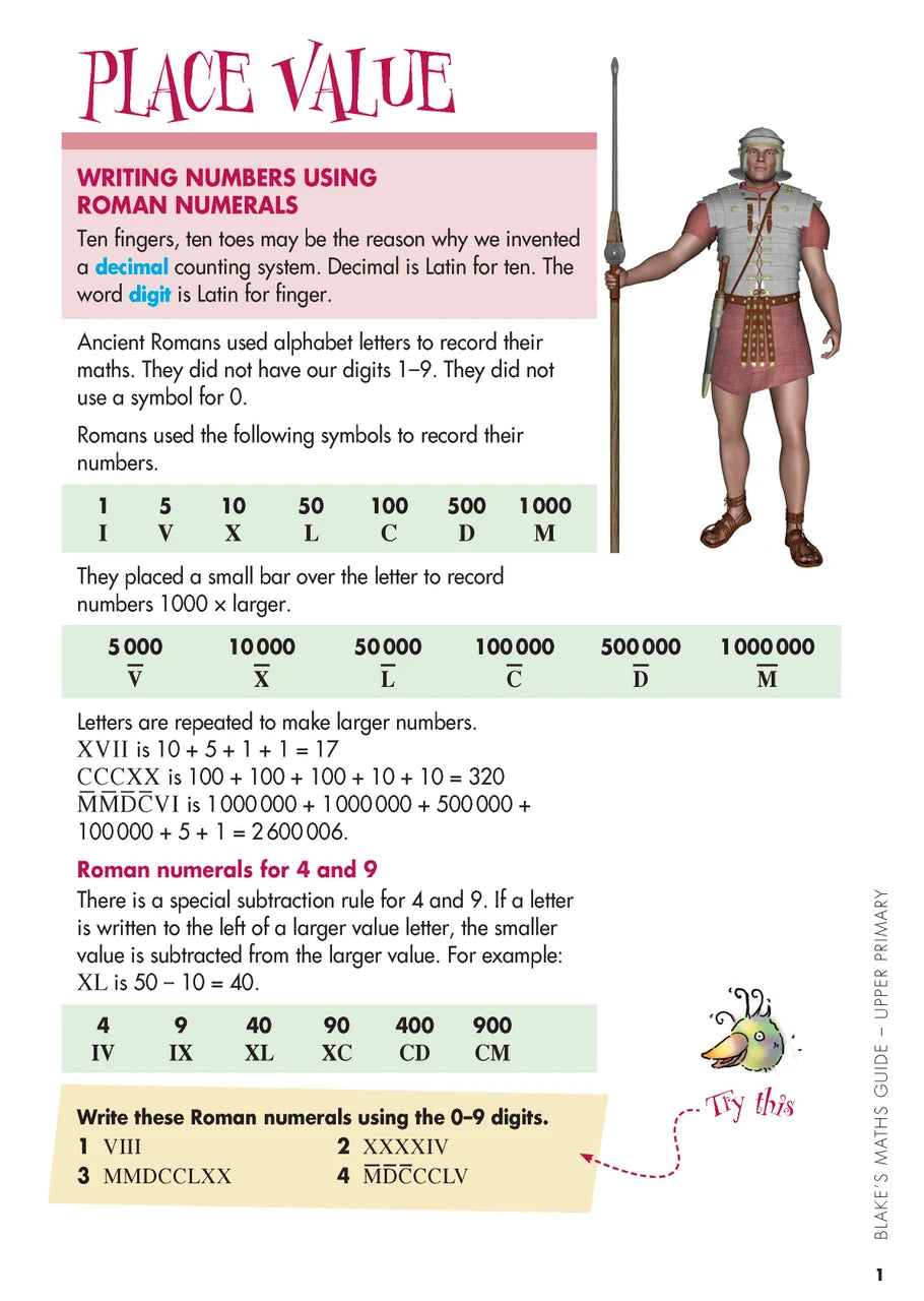Sample interior page from Blake's Maths Guide Upper Primary showing explanations and worked examples in colour