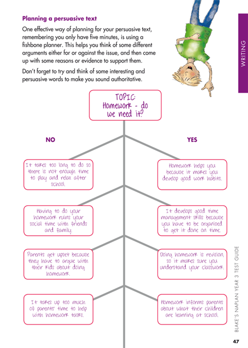 Sample interior page from Blake's NAPLAN Year 3 Test Guide showing explanations and worked examples in colour