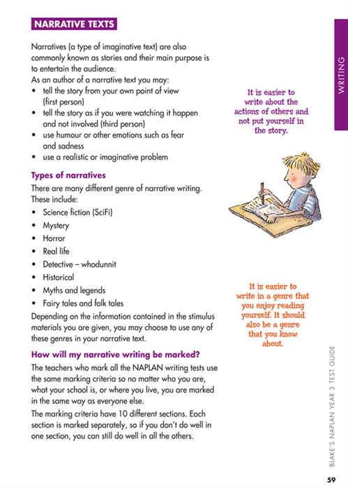 Sample interior page from Blake's NAPLAN Year 3 Test Guide showing explanations and worked examples in colour