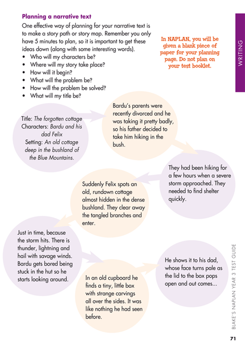 Sample interior page from Blake's NAPLAN Year 3 Test Guide showing explanations and worked examples in colour