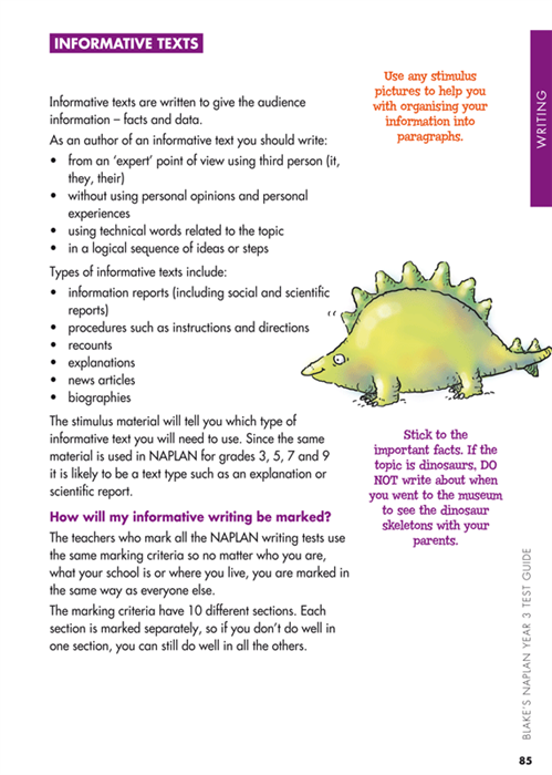Sample interior page from Blake's NAPLAN Year 3 Test Guide showing explanations and worked examples in colour