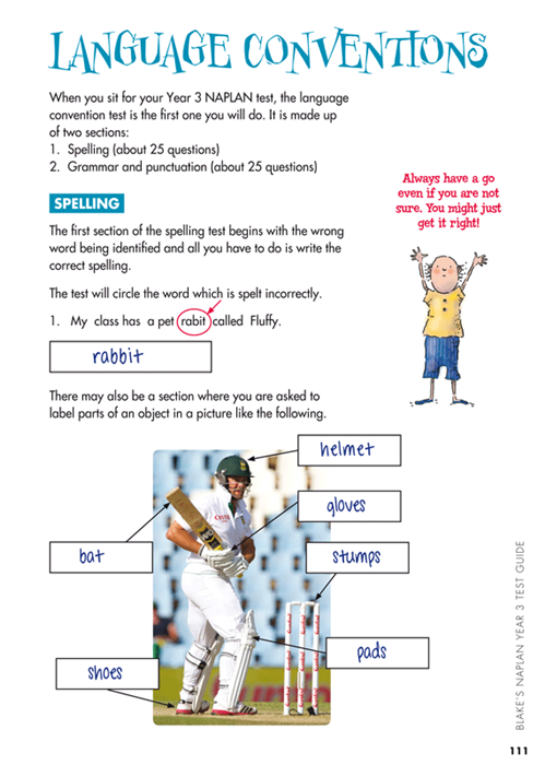 Sample interior page from Blake's NAPLAN Year 3 Test Guide showing explanations and worked examples in colour