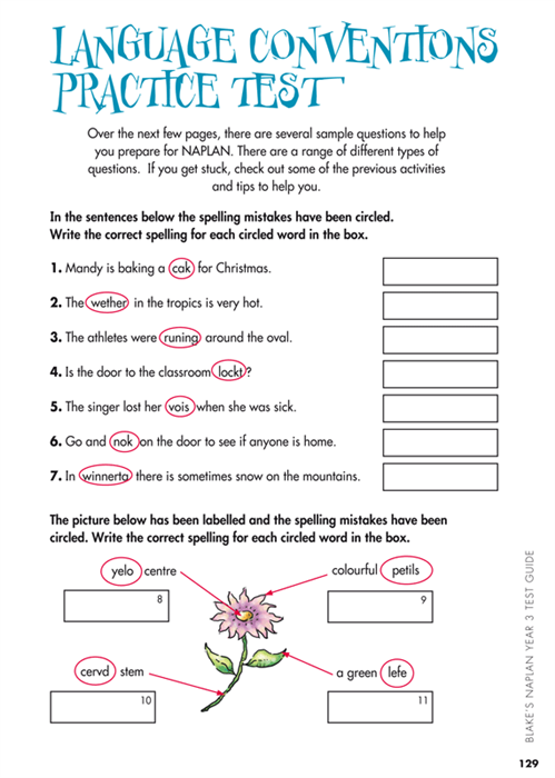 Sample interior page from Blake's NAPLAN Year 3 Test Guide showing explanations and worked examples in colour