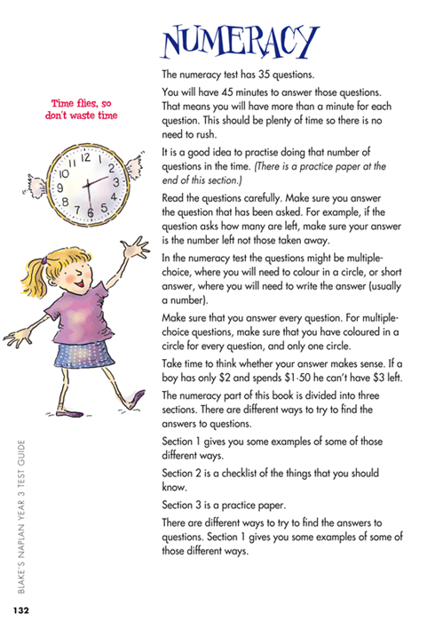Sample interior page from Blake's NAPLAN Year 3 Test Guide showing explanations and worked examples in colour