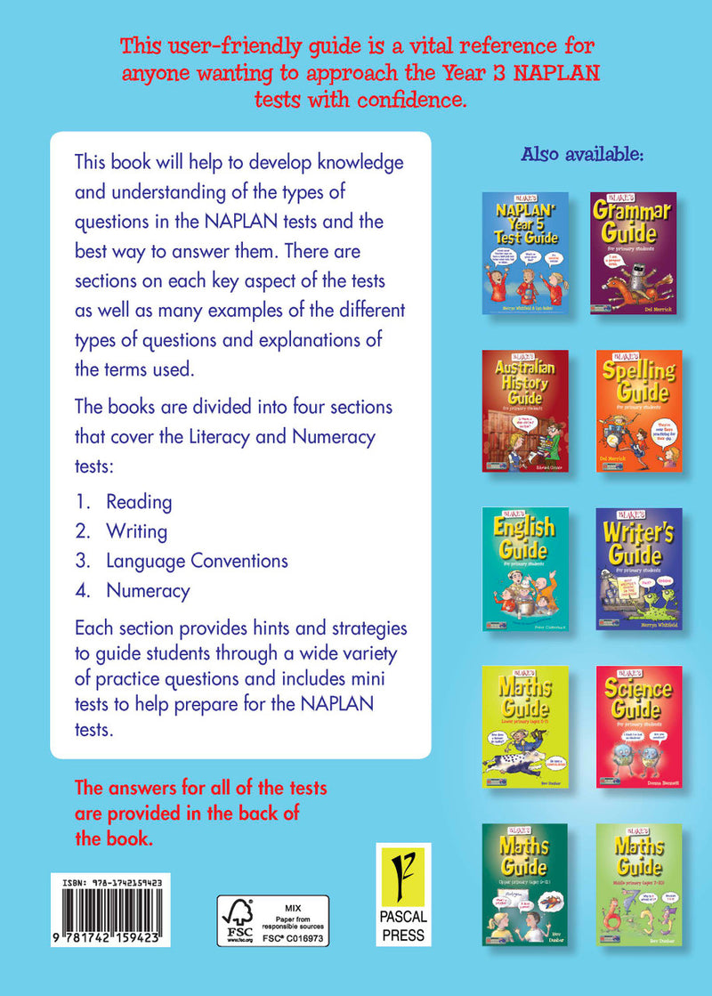 Back cover of Blake's NAPLAN Year 3 Test Guide showing the series branding and a summary of the book's contents