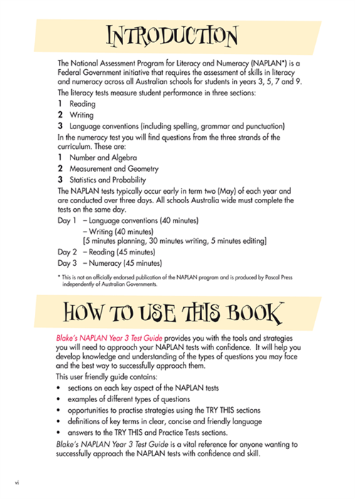 Sample interior page from Blake's NAPLAN Year 3 Test Guide showing explanations and worked examples in colour