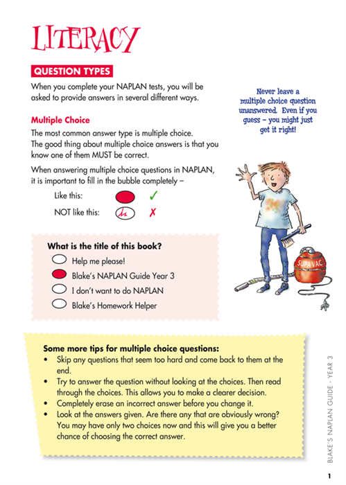 Sample interior page from Blake's NAPLAN Year 3 Test Guide showing explanations and worked examples in colour